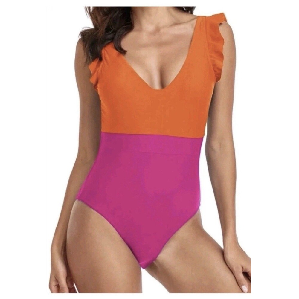 Summersalt The Ruffle Backflip Tangerine and Hibiscus One Piece Swimsuit 12 12T